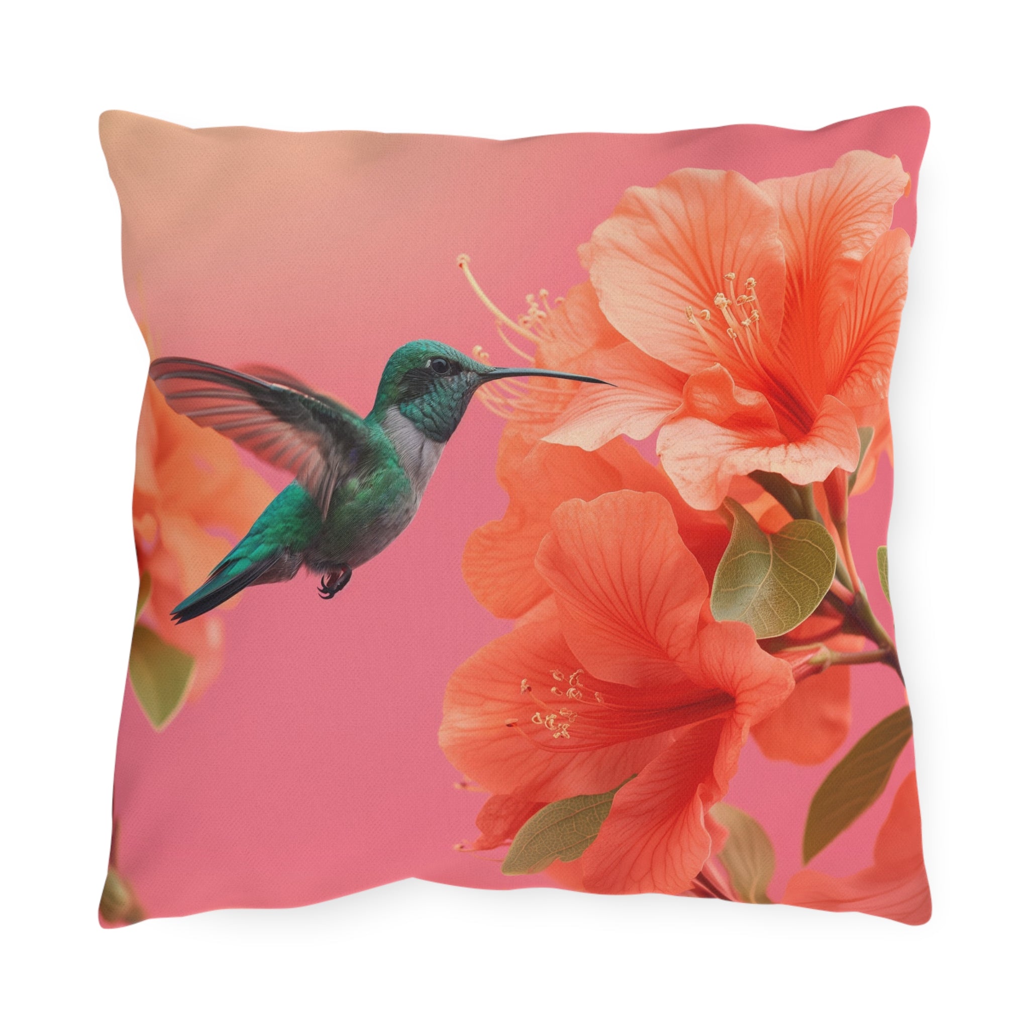 Hummingbird Hibiscus Outdoor Pillow | Tropical Floral Patio Cushion, Bird Lover Gift
