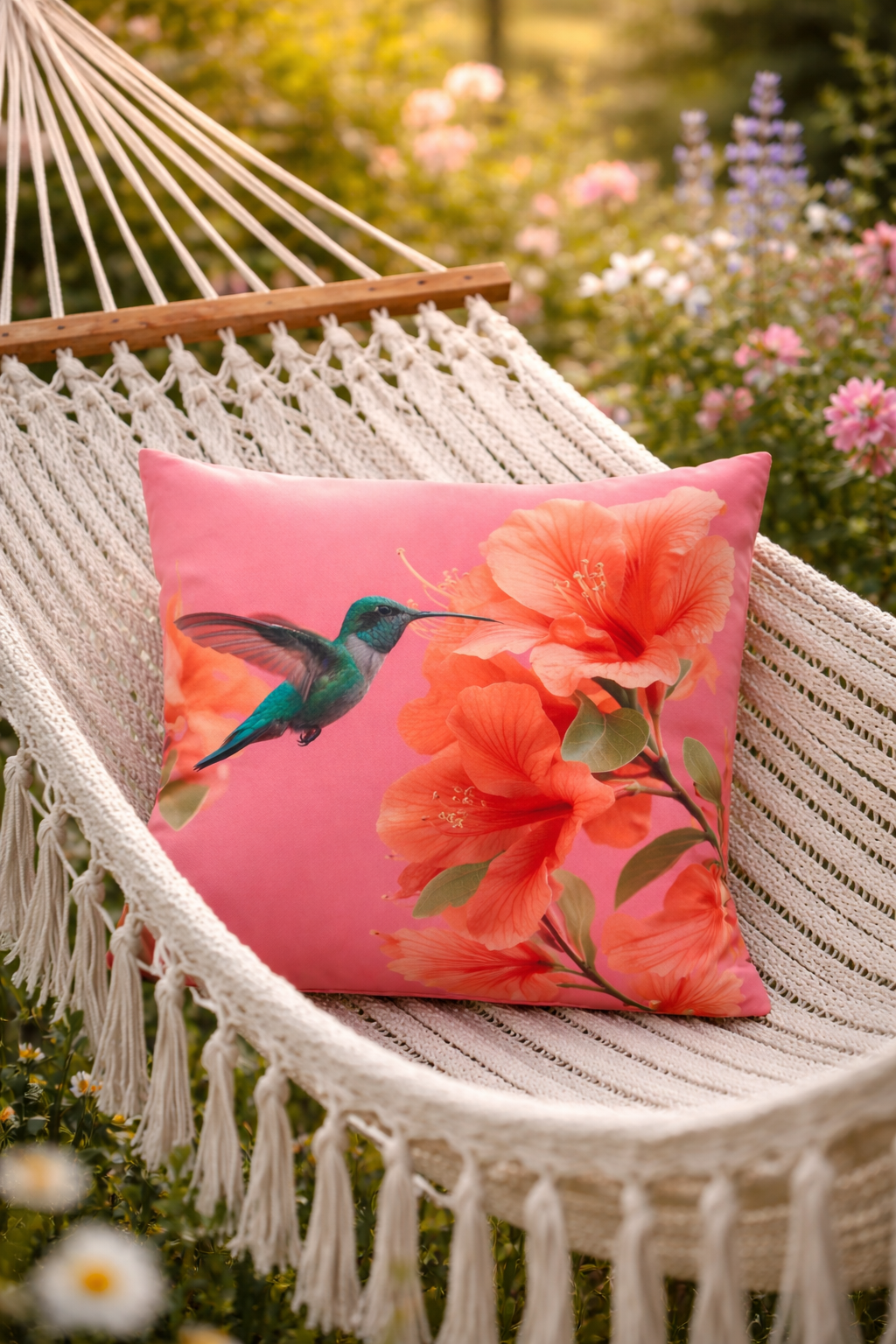 Hummingbird Hibiscus Outdoor Pillow | Tropical Floral Patio Cushion, Bird Lover Gift