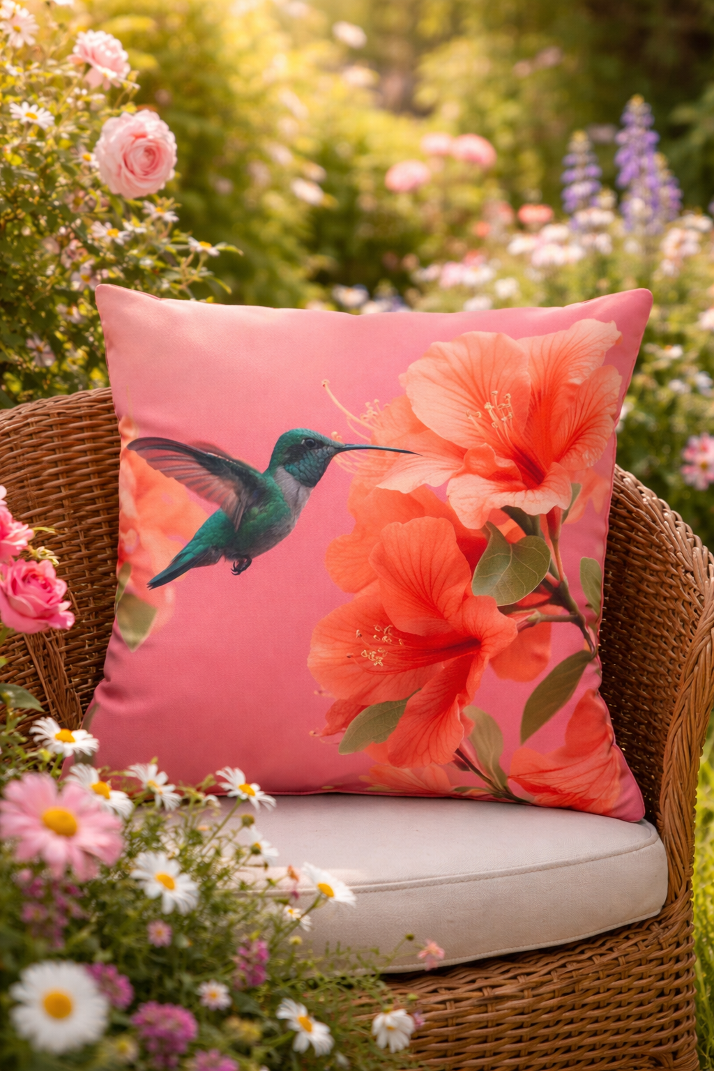 Hummingbird Hibiscus Outdoor Pillow | Tropical Floral Patio Cushion, Bird Lover Gift