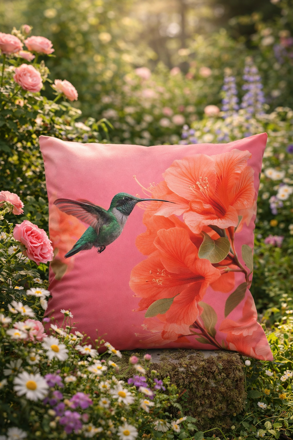 Hummingbird Hibiscus Outdoor Pillow | Tropical Floral Patio Cushion, Bird Lover Gift