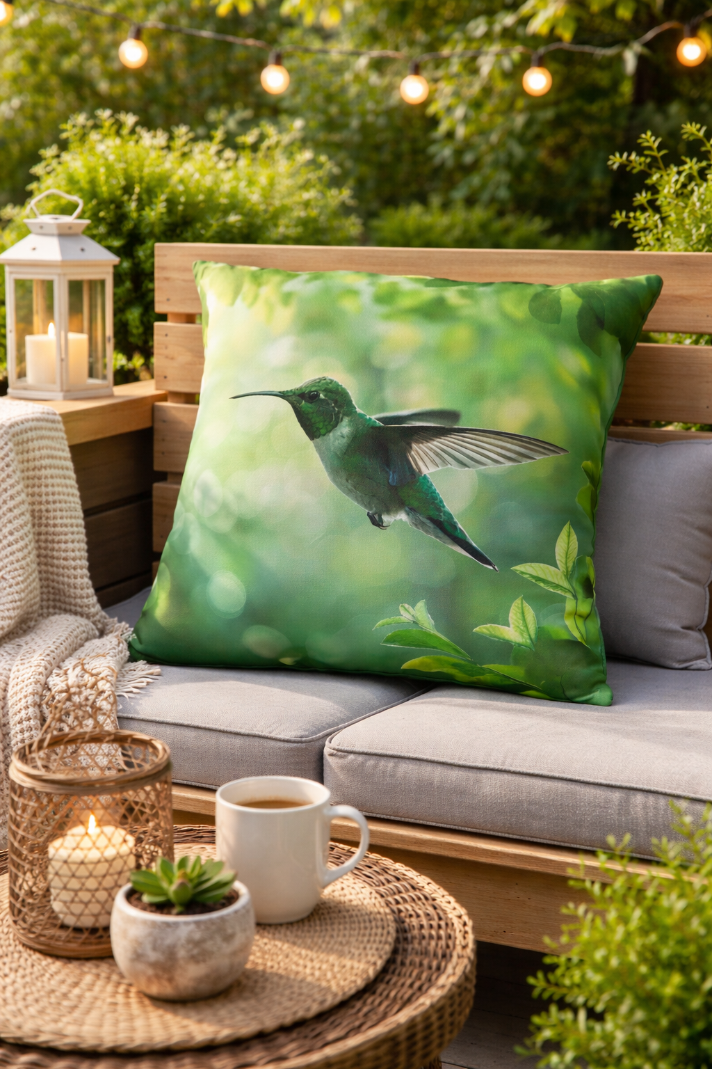 Hummingbird Outdoor Pillow Botanical Garden Cushion Green Patio Decor Bird Lover Gift