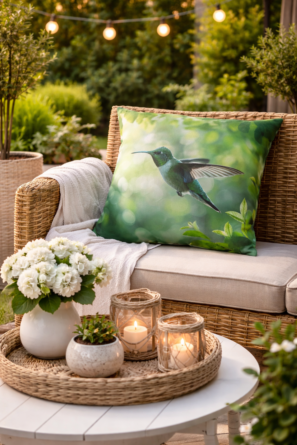Hummingbird Outdoor Pillow Botanical Garden Cushion Green Patio Decor Bird Lover Gift