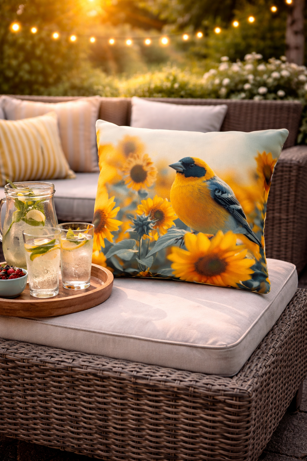 Goldfinch Sunflower Outdoor Pillow | Waterproof Garden Patio Cushion | Double-Sided Bird Floral Decor