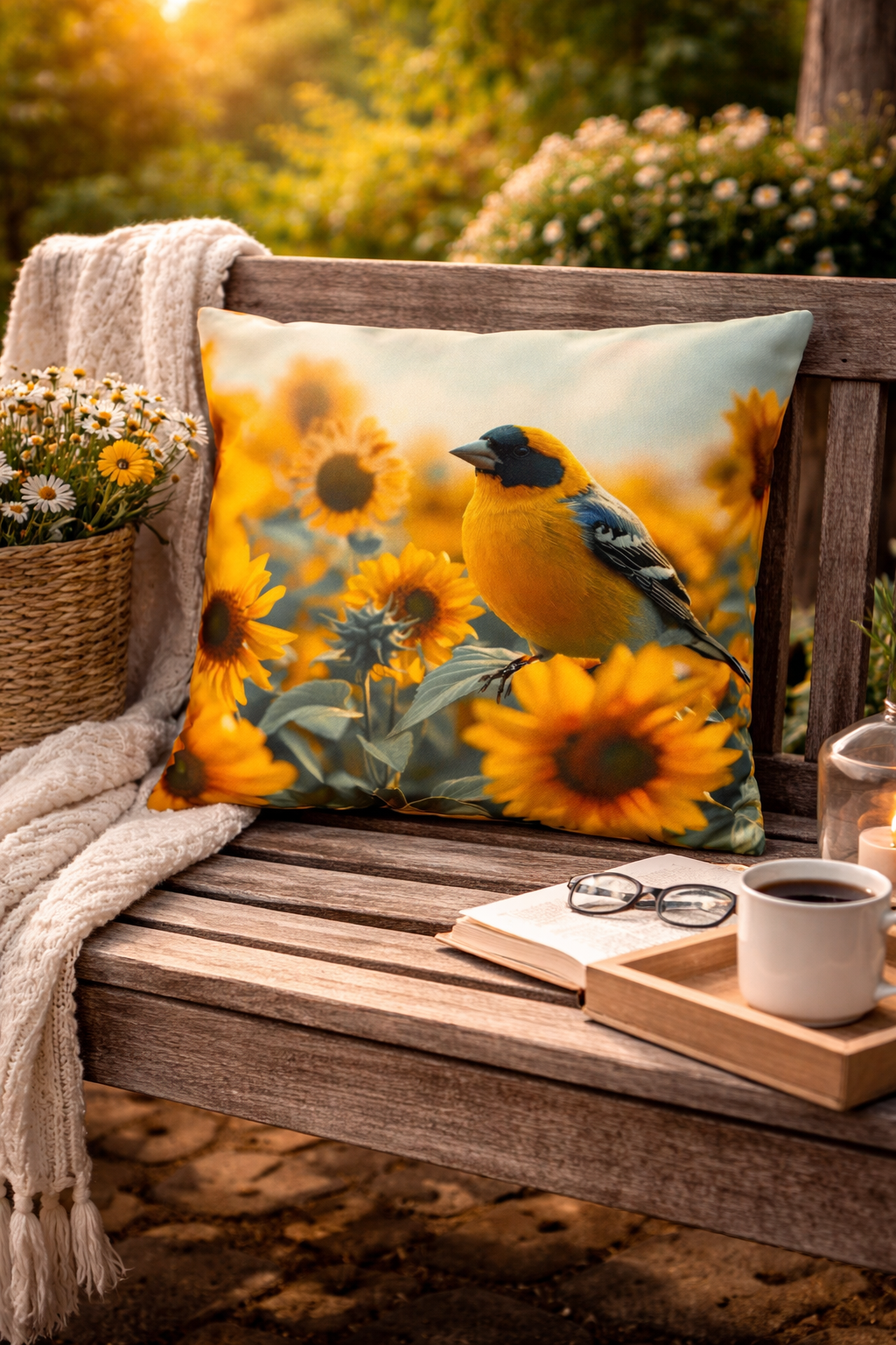 Goldfinch Sunflower Outdoor Pillow | Waterproof Garden Patio Cushion | Double-Sided Bird Floral Decor