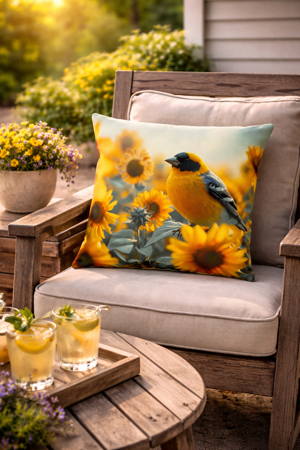 Goldfinch Sunflower Outdoor Pillow | Waterproof Garden Patio Cushion | Double-Sided Bird Floral Decor