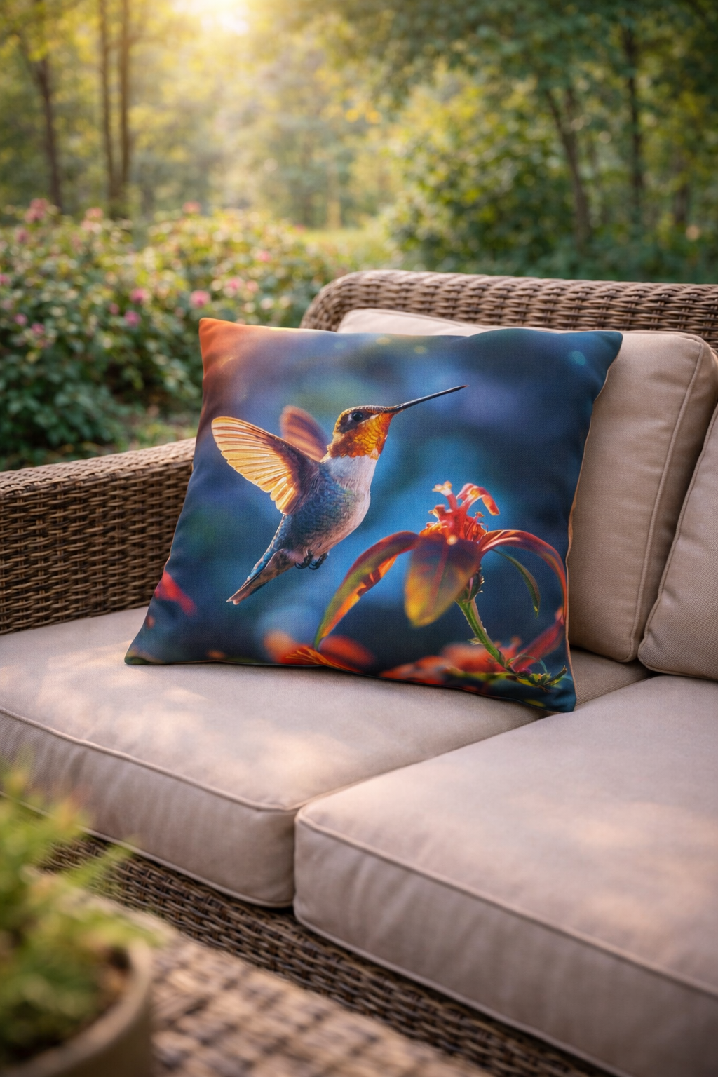 Hummingbird Floral Outdoor Pillow | Waterproof Patio Cushion | Colorful Bird Garden Decor | Double-Sided Print