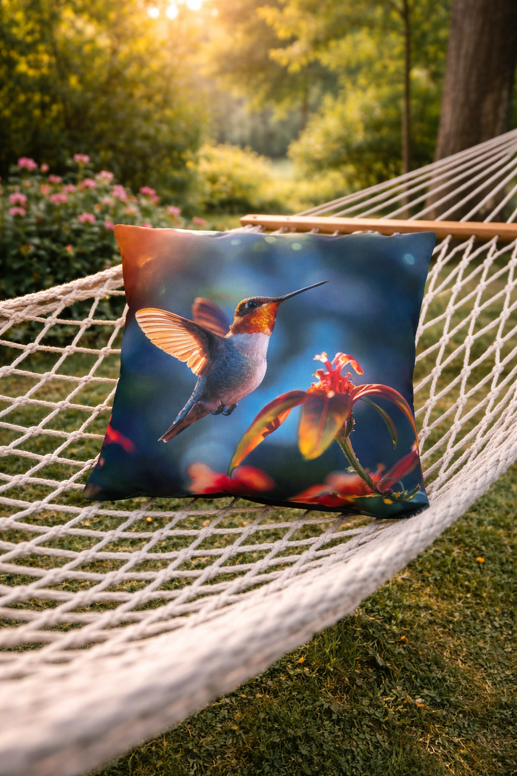 Hummingbird Floral Outdoor Pillow | Waterproof Patio Cushion | Colorful Bird Garden Decor | Double-Sided Print
