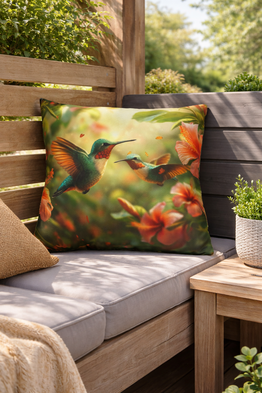 Hummingbird Outdoor Pillow | Waterproof Patio Cushion | Tropical Bird Floral Decor | Garden Throw Pillow | Double-Sided Print