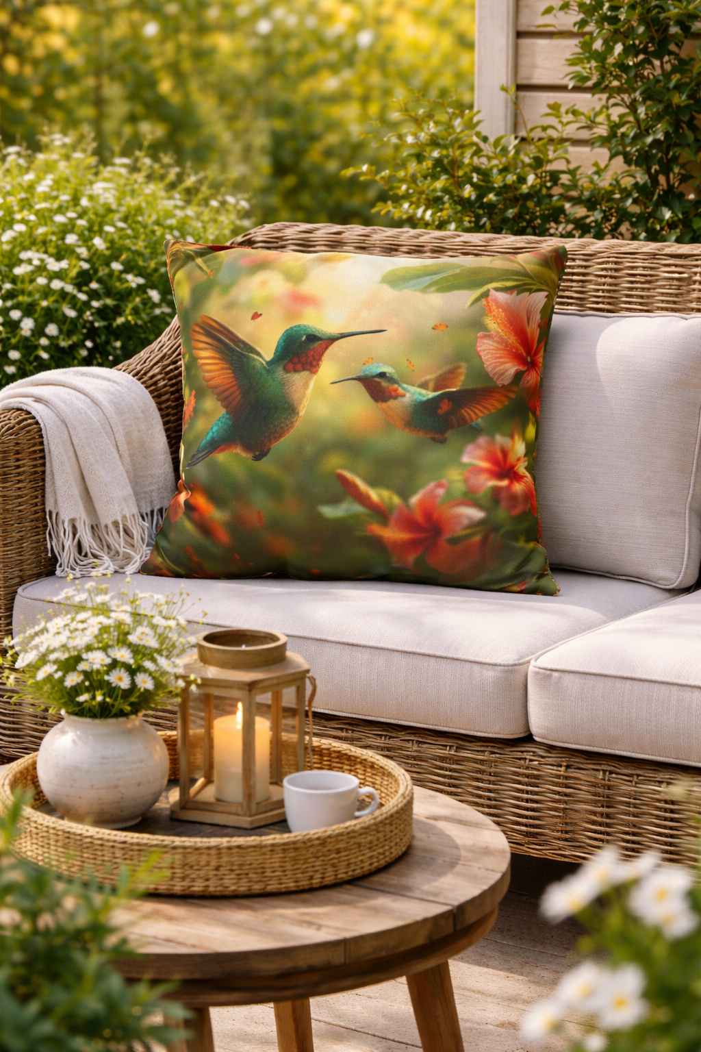 Hummingbird Outdoor Pillow | Waterproof Patio Cushion | Tropical Bird Floral Decor | Garden Throw Pillow | Double-Sided Print