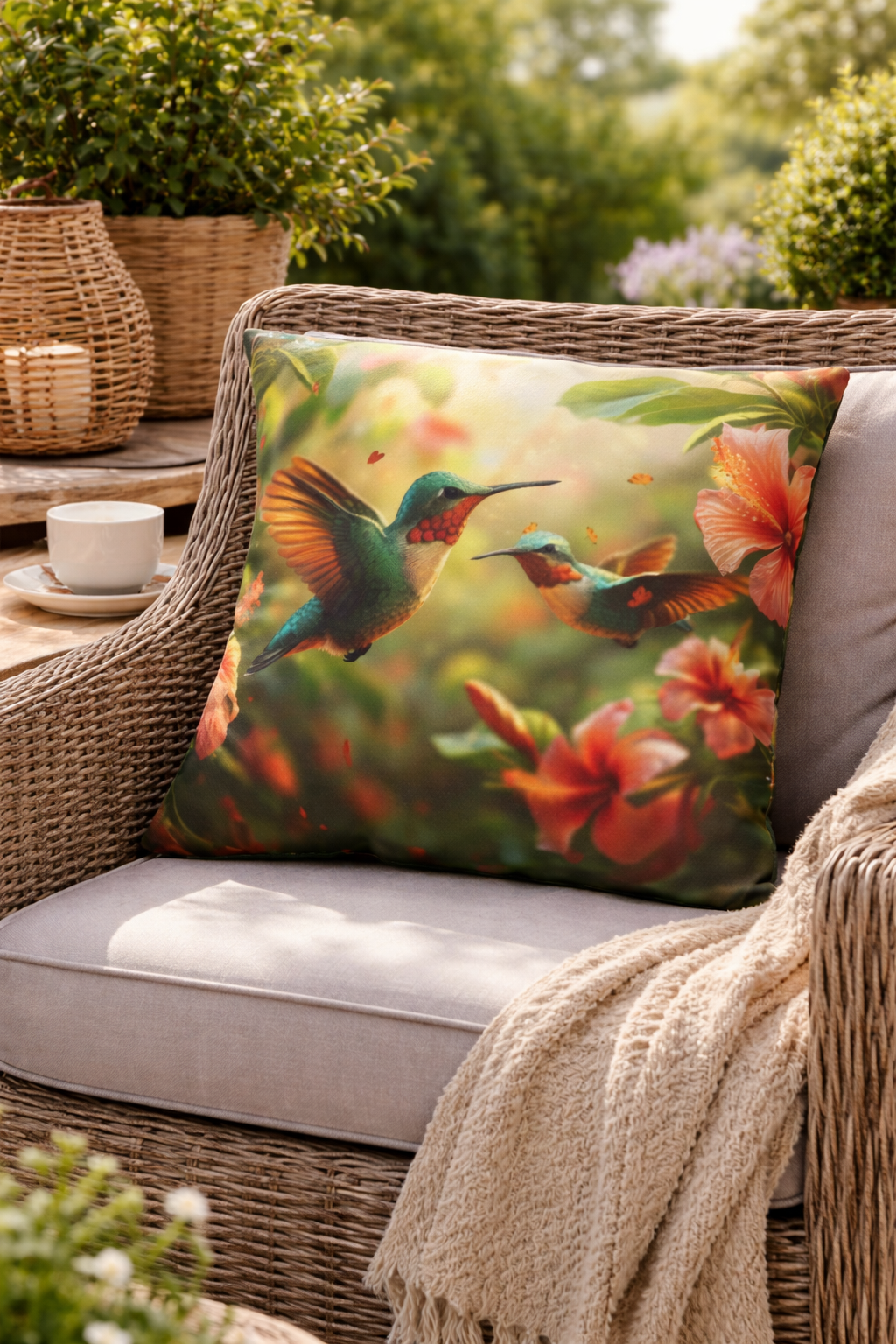 Hummingbird Outdoor Pillow | Waterproof Patio Cushion | Tropical Bird Floral Decor | Garden Throw Pillow | Double-Sided Print