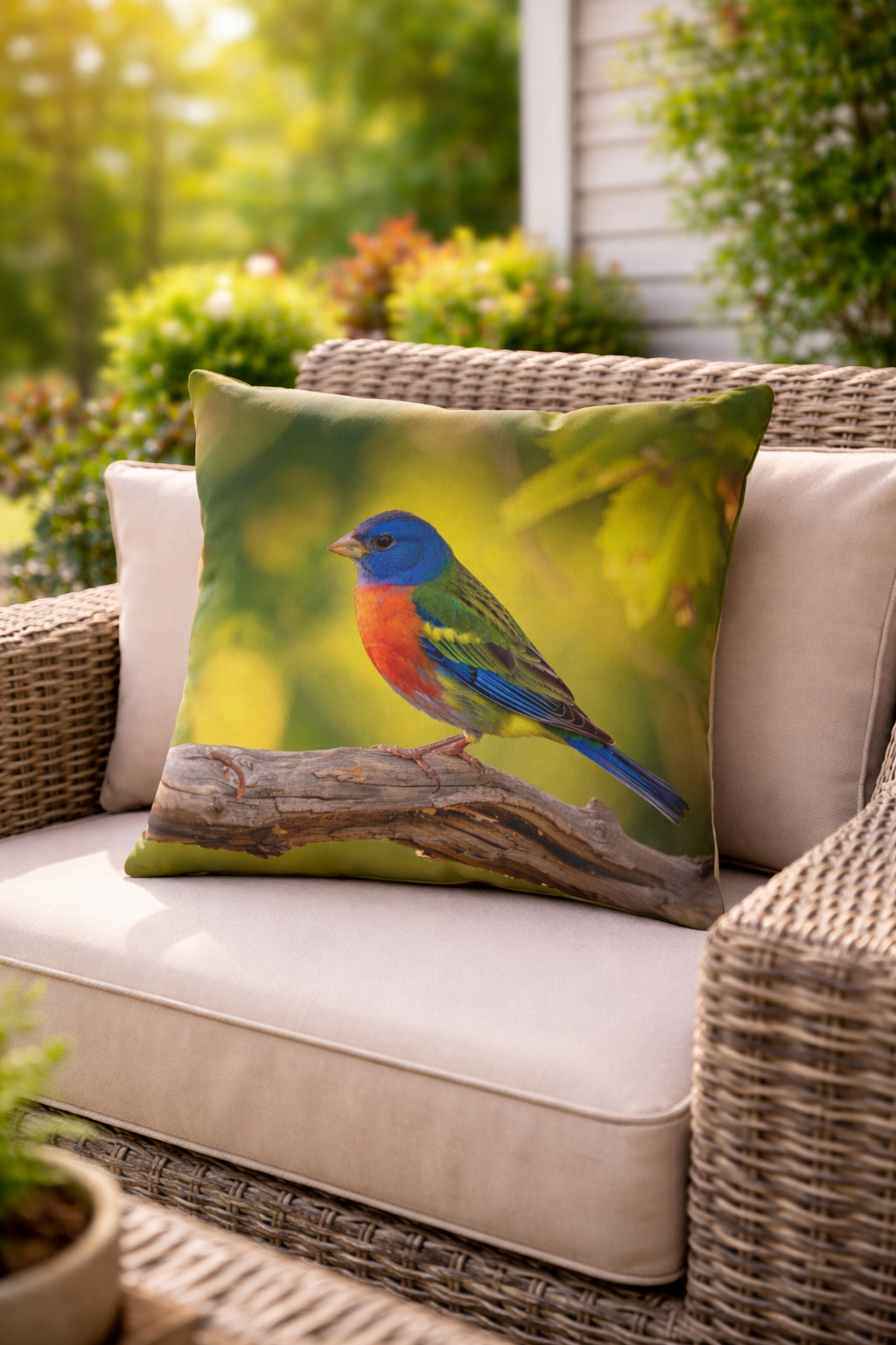 Colorful Bird Outdoor Pillow | Waterproof Patio Cushion | Blue Songbird Garden Decor | Nature Throw Pillow | Double-Sided Print