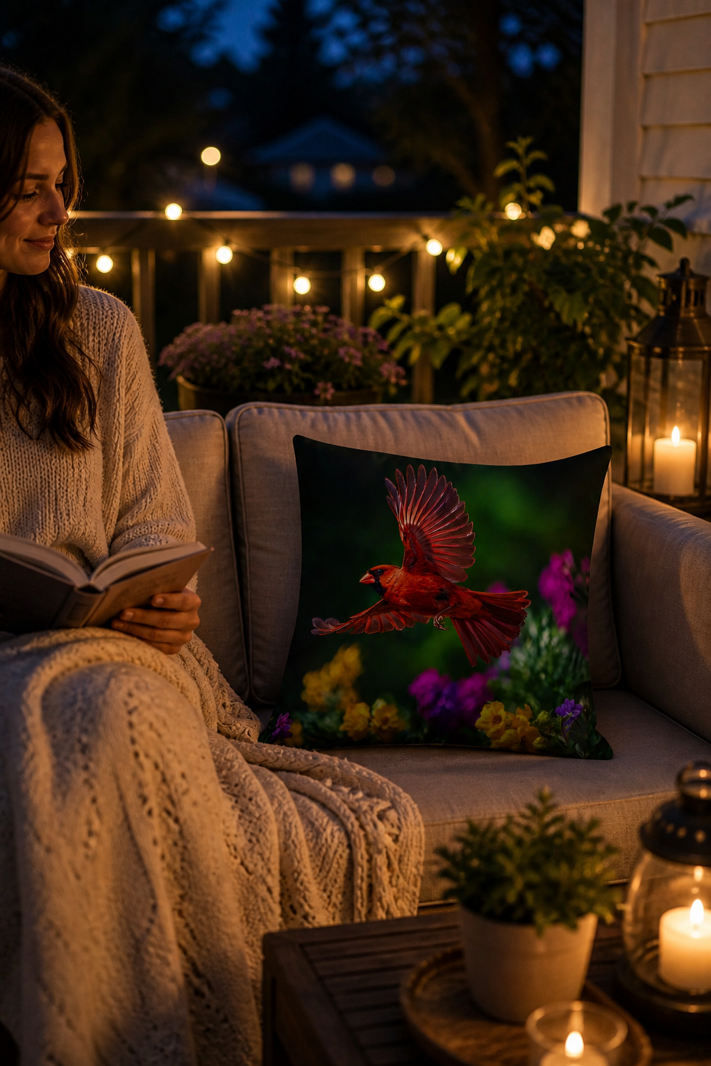 Cardinal in Flight Outdoor Pillow | Waterproof Bird Patio Cushion
