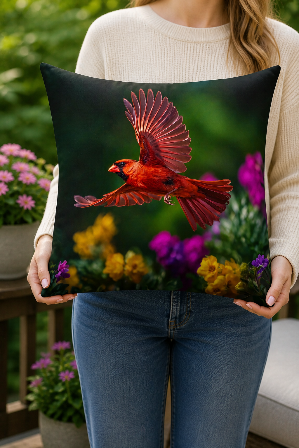 Cardinal in Flight Outdoor Pillow | Waterproof Bird Patio Cushion