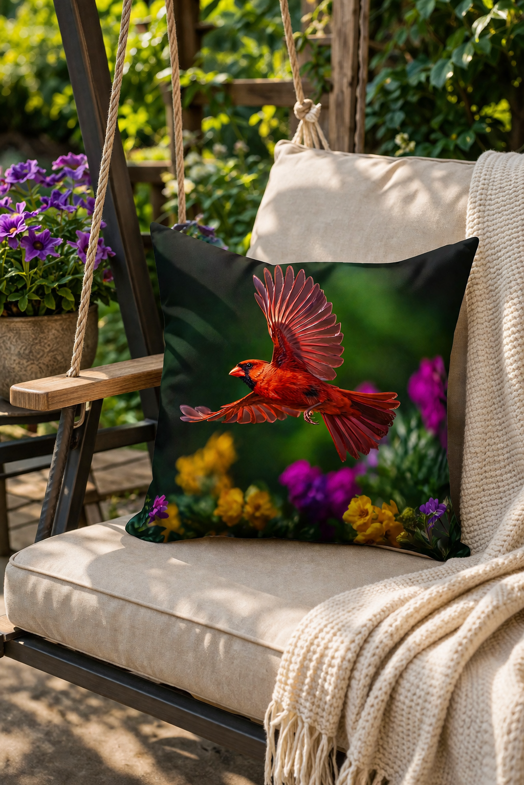 Cardinal in Flight Outdoor Pillow | Waterproof Bird Patio Cushion