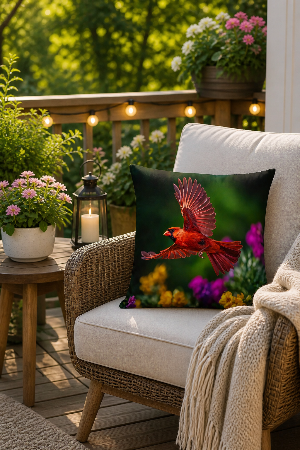 Cardinal in Flight Outdoor Pillow | Waterproof Bird Patio Cushion