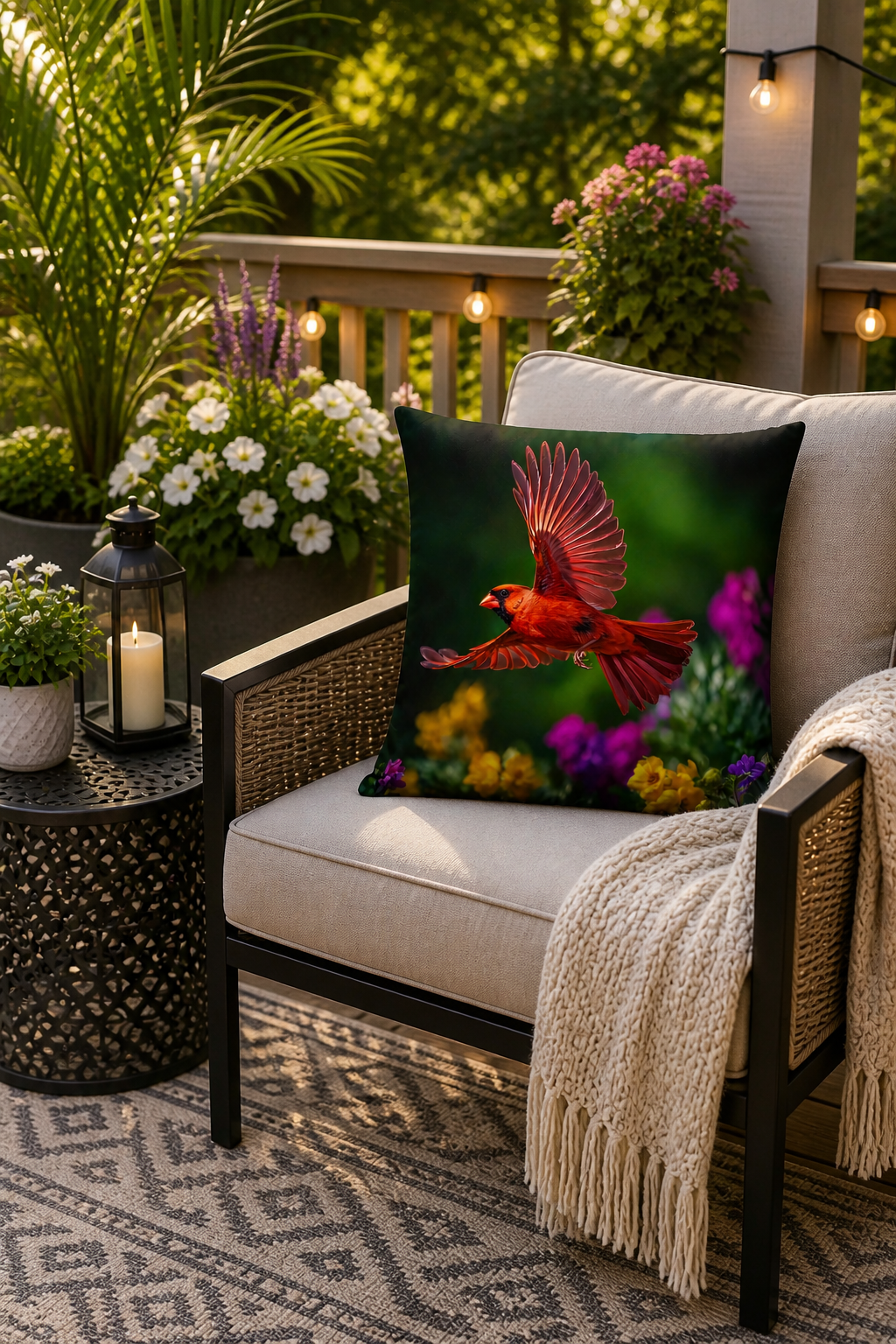 Cardinal in Flight Outdoor Pillow | Waterproof Bird Patio Cushion