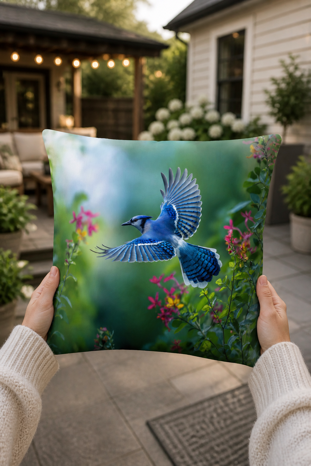 Blue Jay Outdoor Pillow | Waterproof Bird Patio Cushion