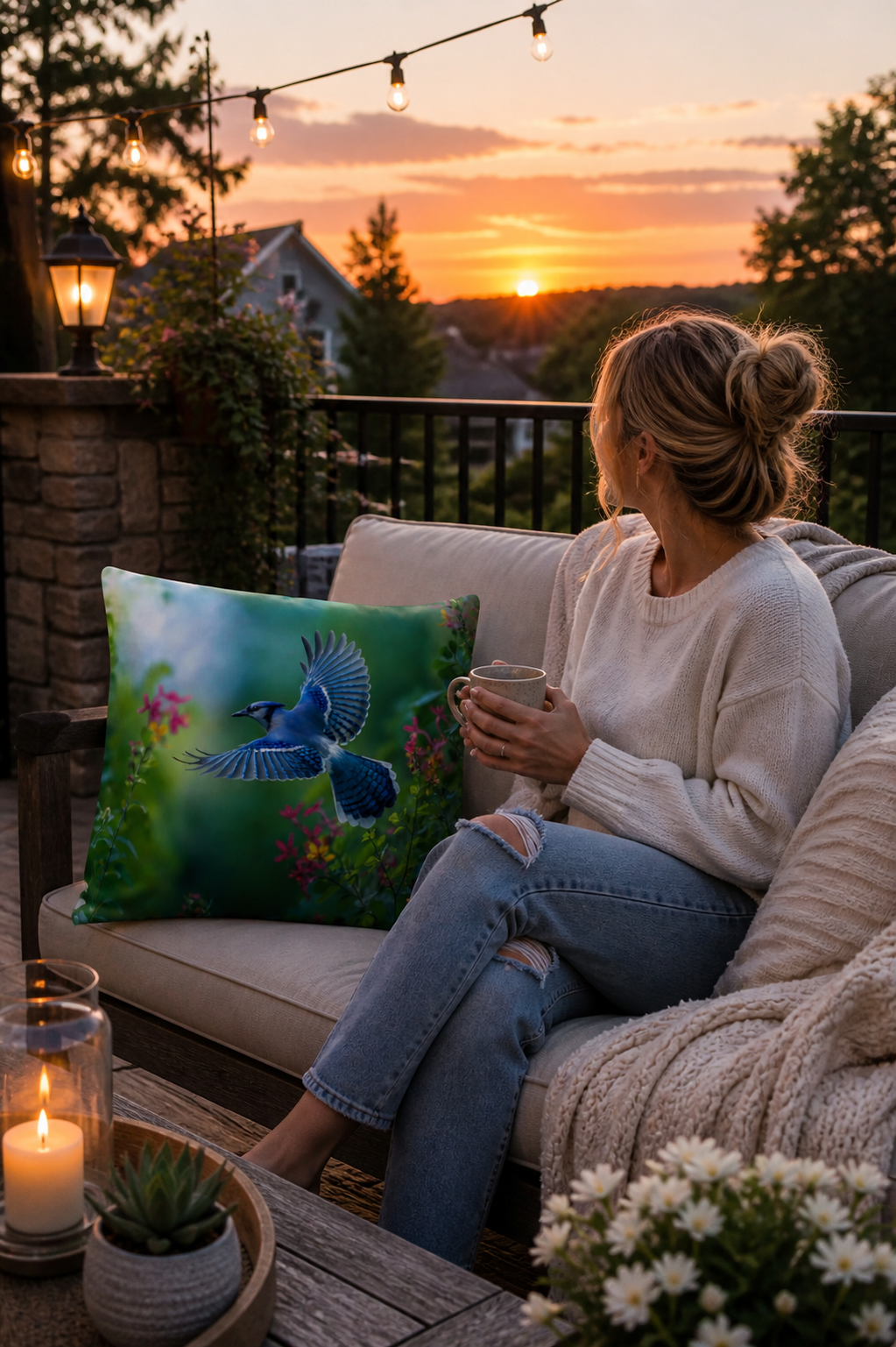 Blue Jay Outdoor Pillow | Waterproof Bird Patio Cushion