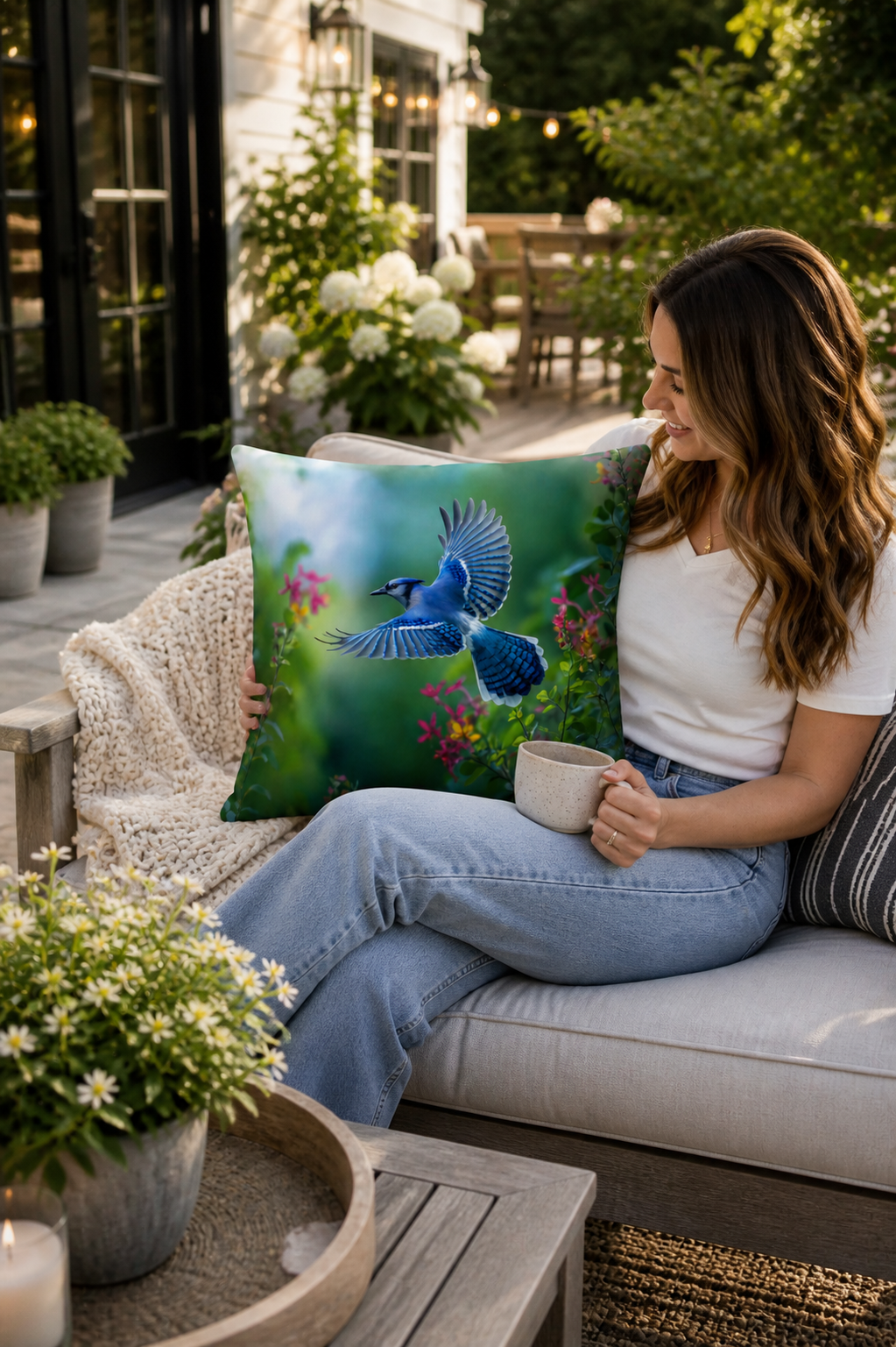 Blue Jay Outdoor Pillow | Waterproof Bird Patio Cushion