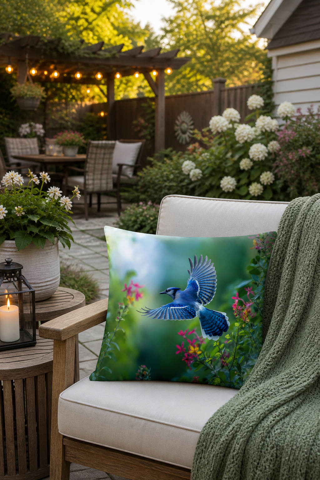 Blue Jay Outdoor Pillow | Waterproof Bird Patio Cushion