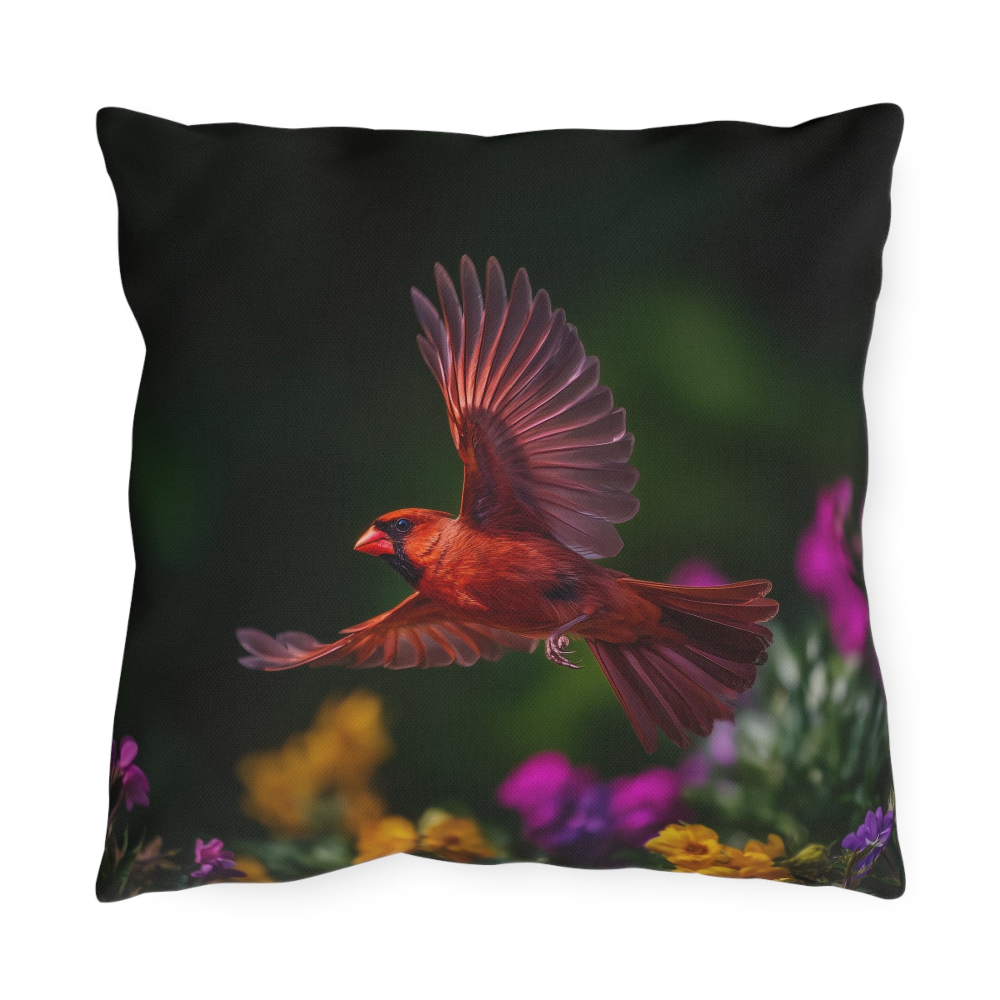 Cardinal in Flight Outdoor Pillow | Waterproof Bird Patio Cushion