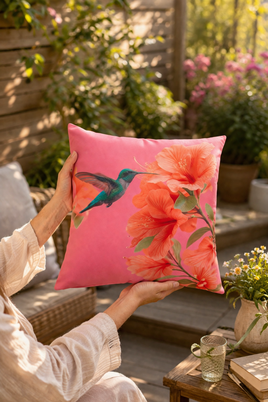 Hummingbird Hibiscus Outdoor Pillow | Tropical Floral Patio Cushion, Bird Lover Gift