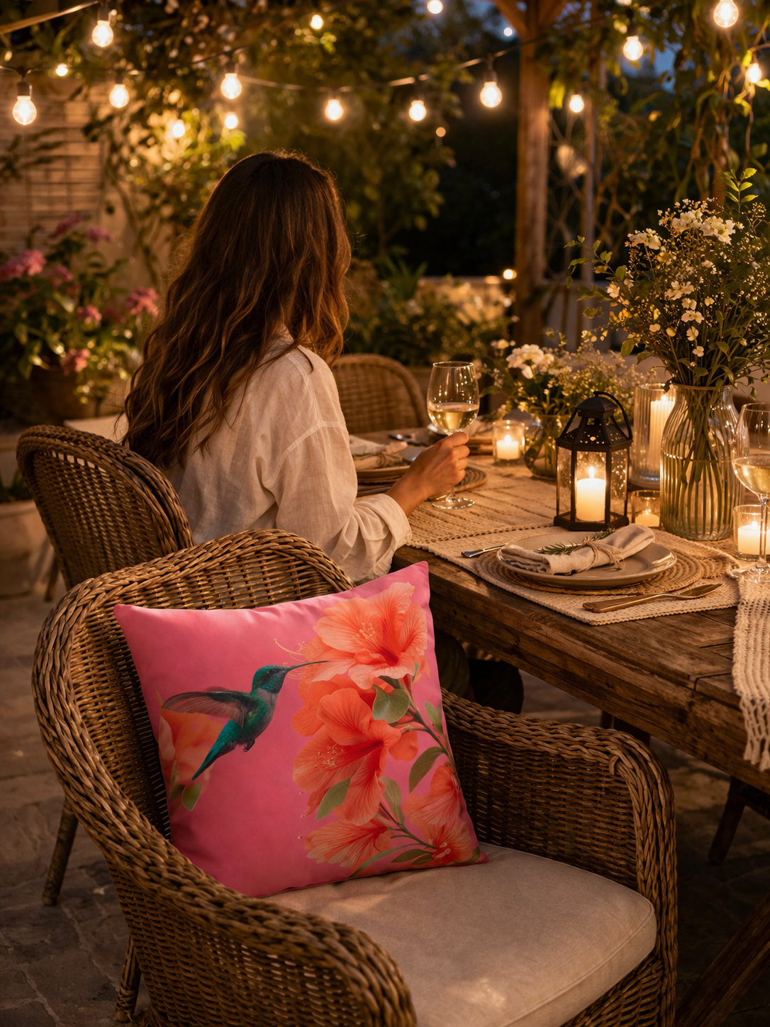 Hummingbird Hibiscus Outdoor Pillow | Tropical Floral Patio Cushion, Bird Lover Gift