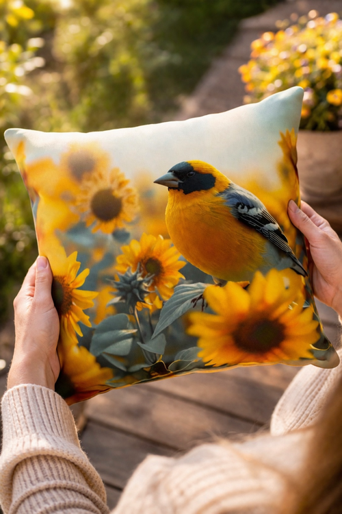 Goldfinch Sunflower Outdoor Pillow | Waterproof Garden Patio Cushion | Double-Sided Bird Floral Decor