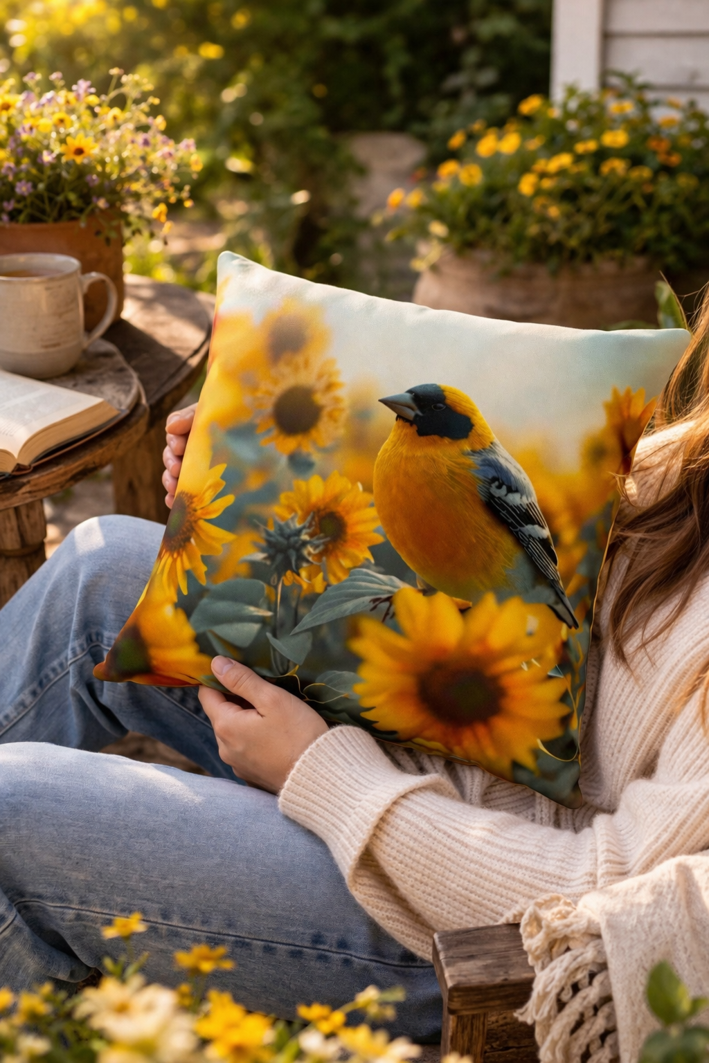 Goldfinch Sunflower Outdoor Pillow | Waterproof Garden Patio Cushion | Double-Sided Bird Floral Decor