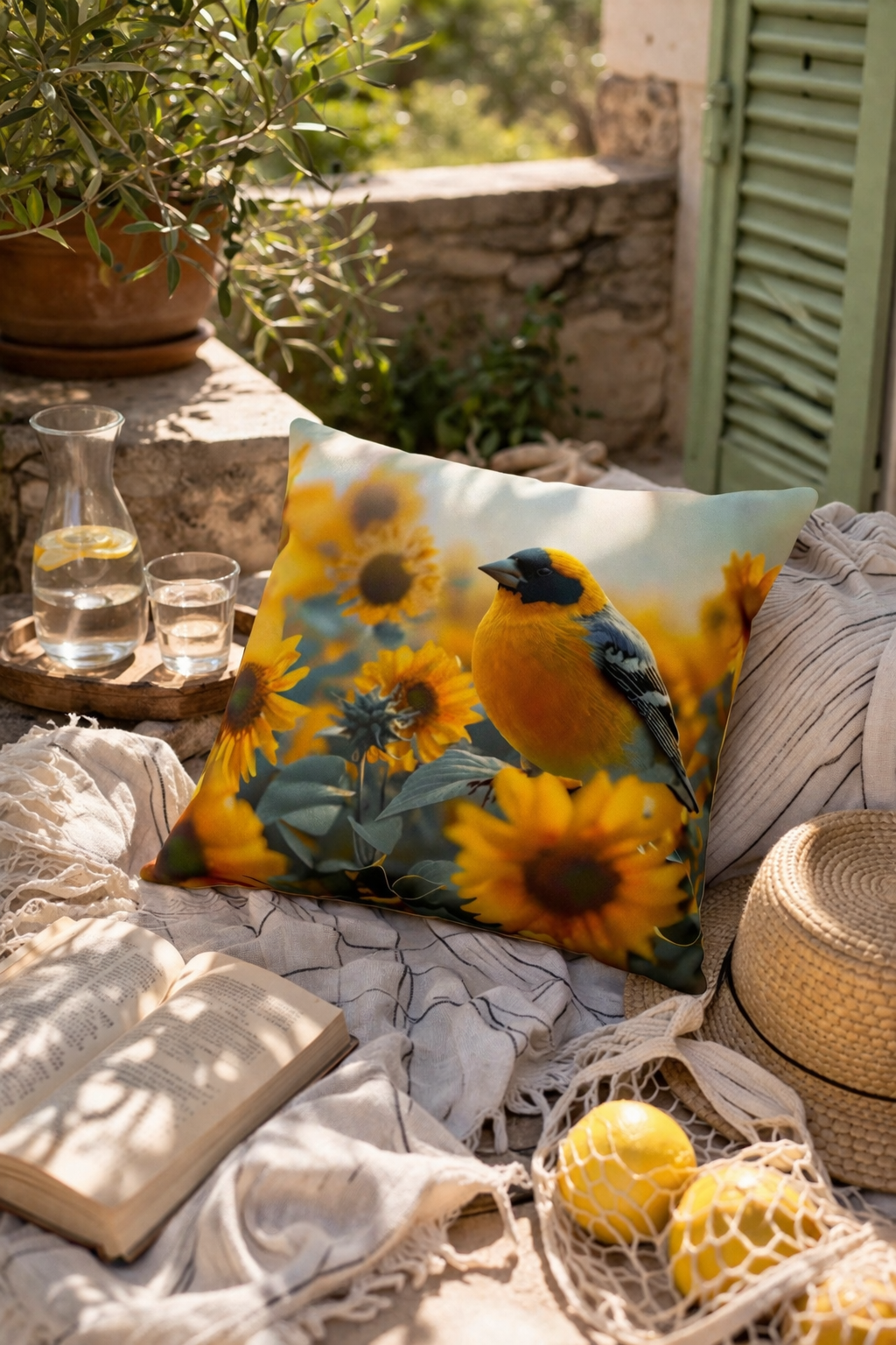 Goldfinch Sunflower Outdoor Pillow | Waterproof Garden Patio Cushion | Double-Sided Bird Floral Decor