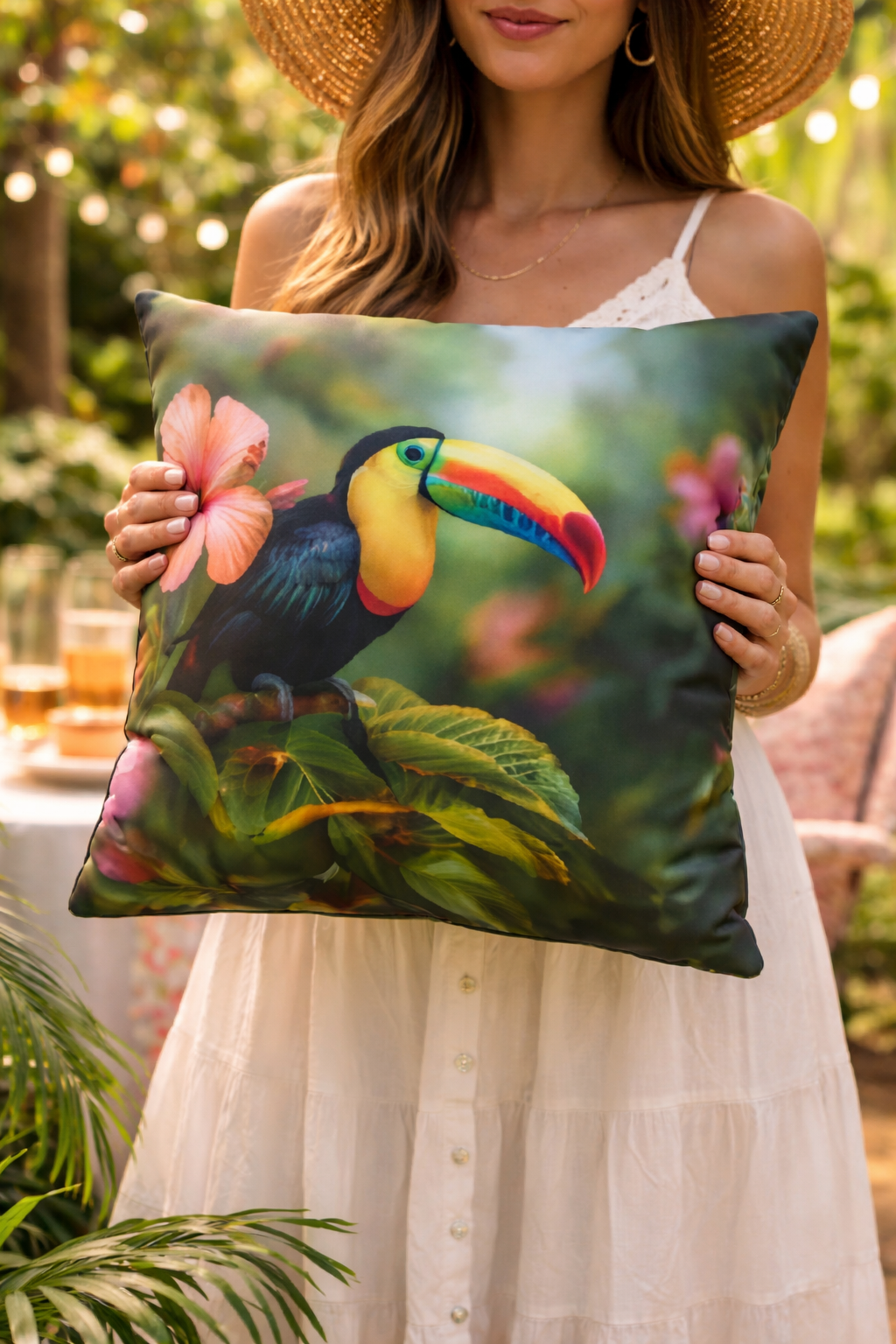 Tropical Toucan Outdoor Pillows | Colorful Bird Floral Accent CushionToucan Outdoor Pillow | Tropical Bird Waterproof Patio Cushion | Jungle Floral Decor Throw Pillow | Colorful Exotic Accent | Double...