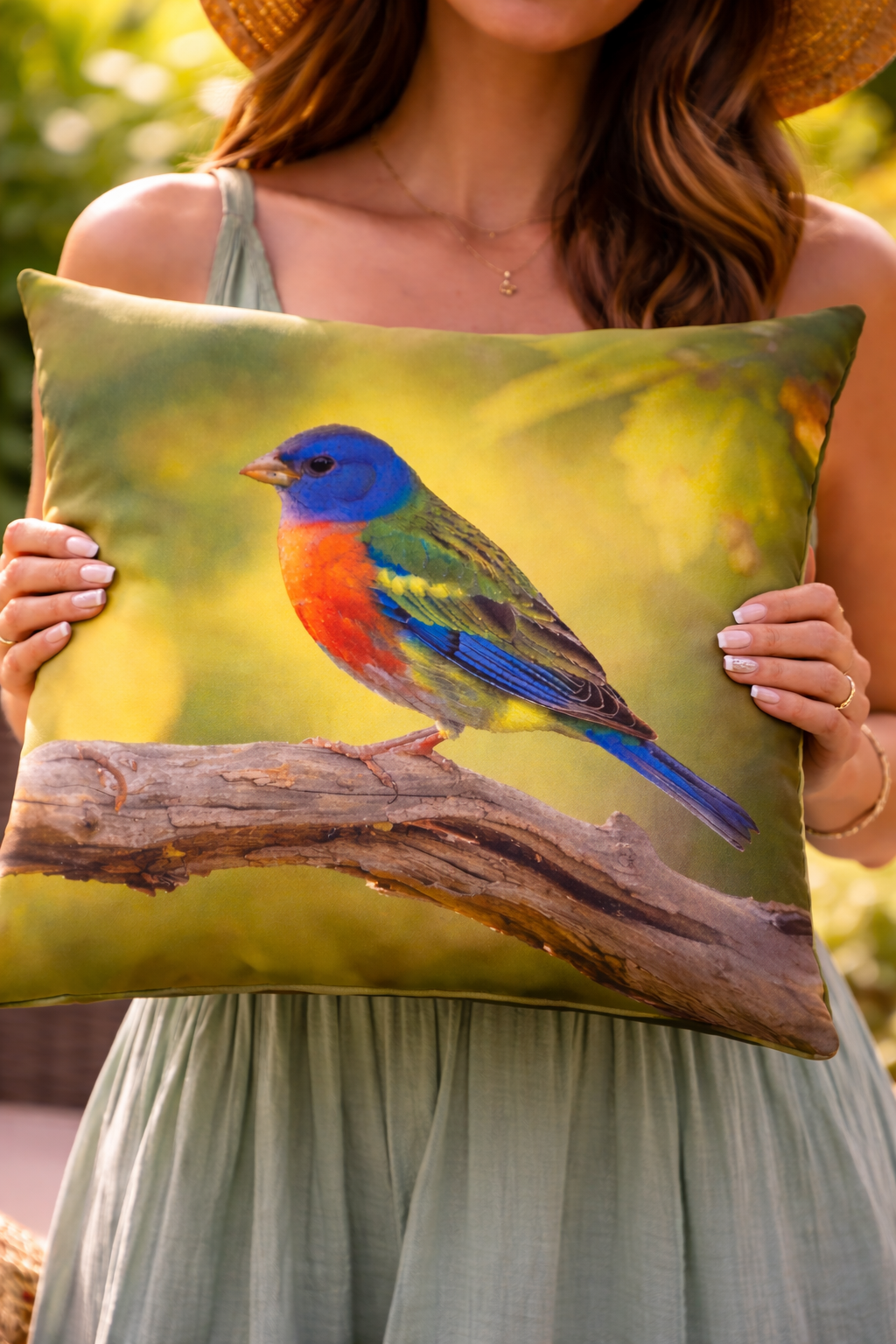 Colorful Bird Outdoor Pillow | Waterproof Patio Cushion | Blue Songbird Garden Decor | Nature Throw Pillow | Double-Sided Print