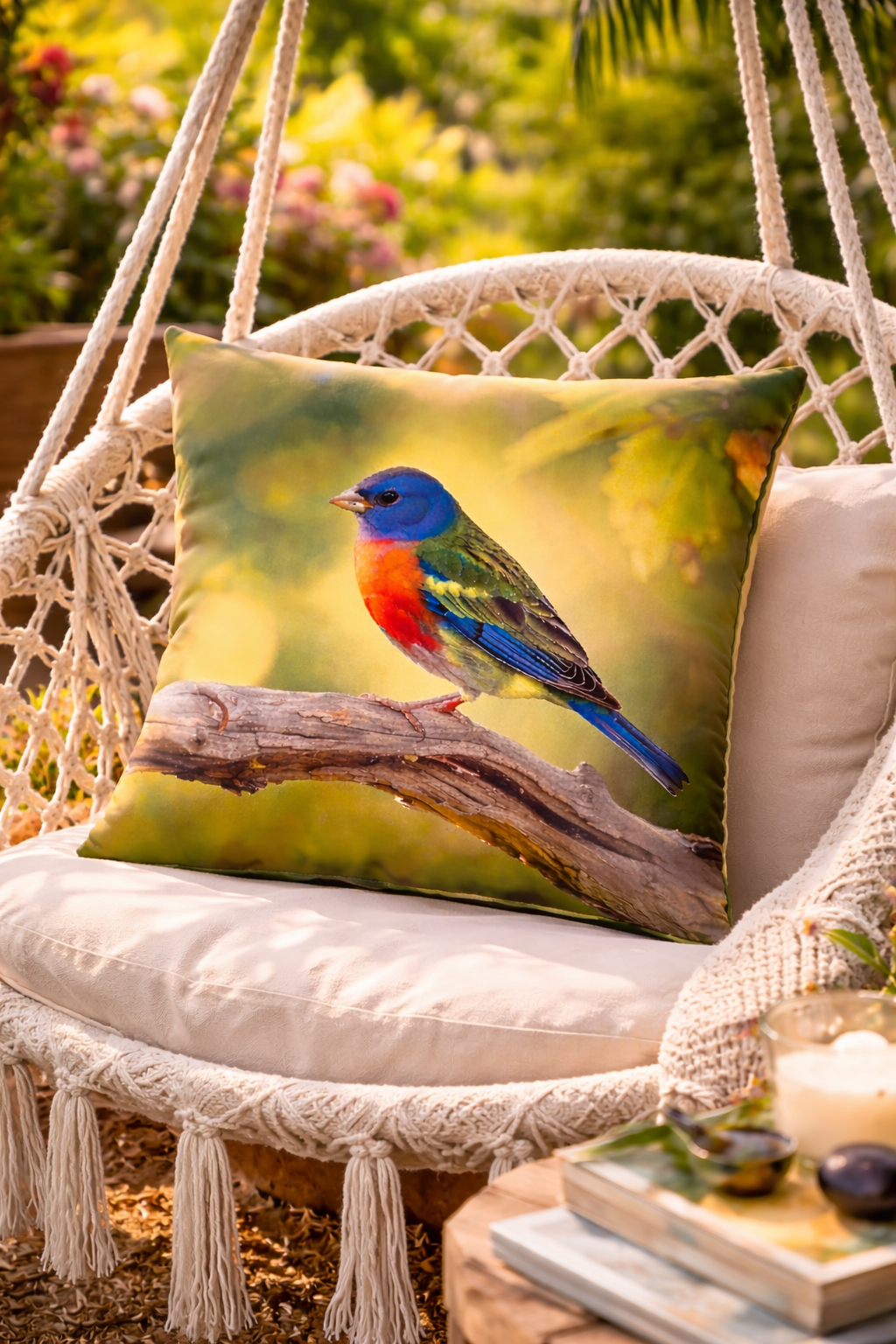 Colorful Bird Outdoor Pillow | Waterproof Patio Cushion | Blue Songbird Garden Decor | Nature Throw Pillow | Double-Sided Print