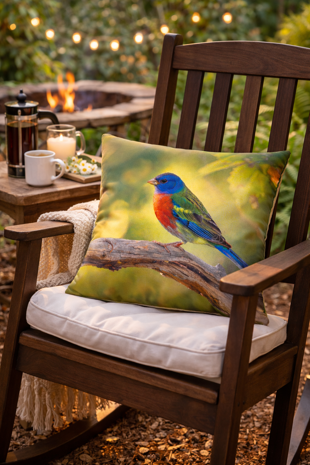 Colorful Bird Outdoor Pillow | Waterproof Patio Cushion | Blue Songbird Garden Decor | Nature Throw Pillow | Double-Sided Print