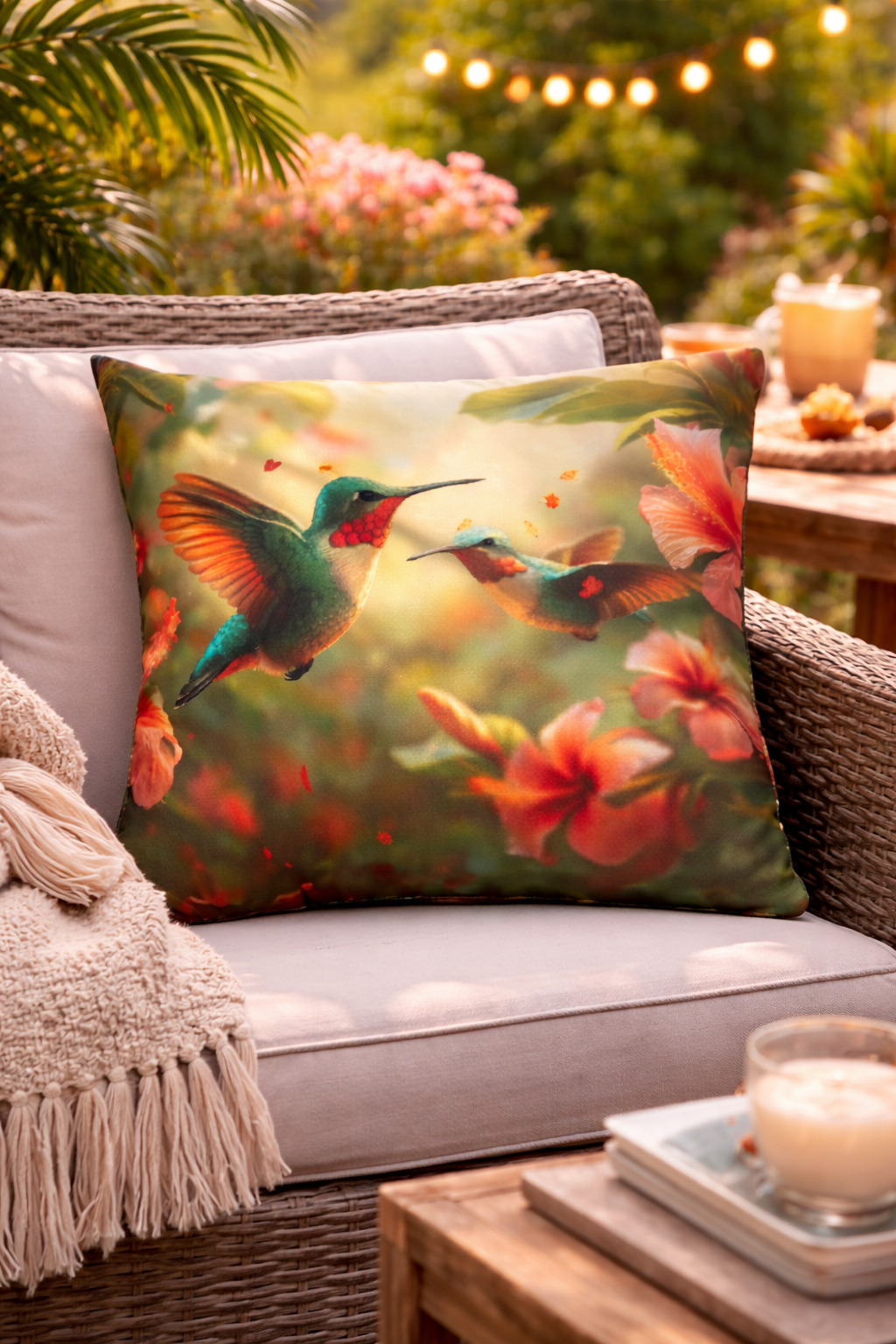 Hummingbird Outdoor Pillow | Waterproof Patio Cushion | Tropical Bird Floral Decor | Garden Throw Pillow | Double-Sided Print