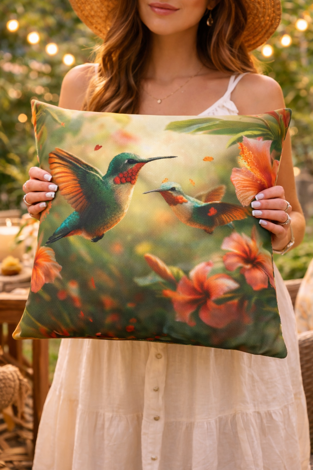 Hummingbird Outdoor Pillow | Waterproof Patio Cushion | Tropical Bird Floral Decor | Garden Throw Pillow | Double-Sided Print