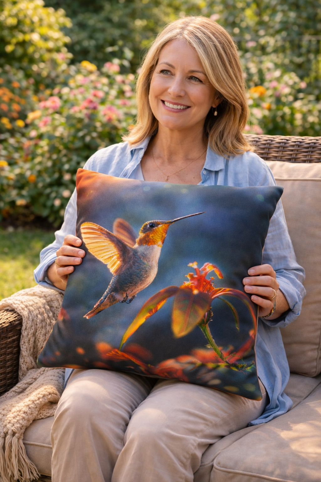Hummingbird Floral Outdoor Pillow | Waterproof Patio Cushion | Colorful Bird Garden Decor | Double-Sided Print