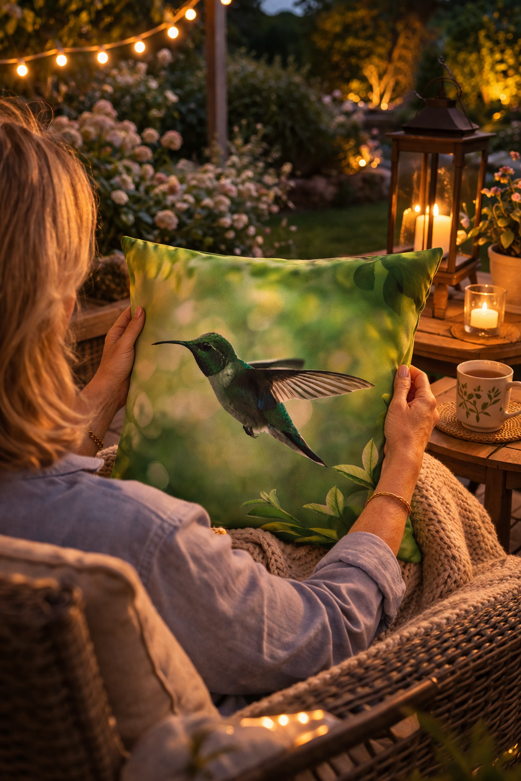 Hummingbird Outdoor Pillow Botanical Garden Cushion Green Patio Decor Bird Lover Gift