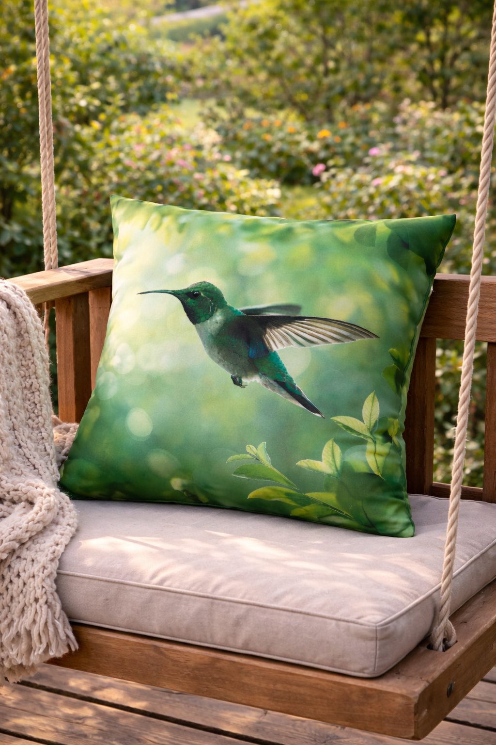 Hummingbird Outdoor Pillow Botanical Garden Cushion Green Patio Decor Bird Lover Gift