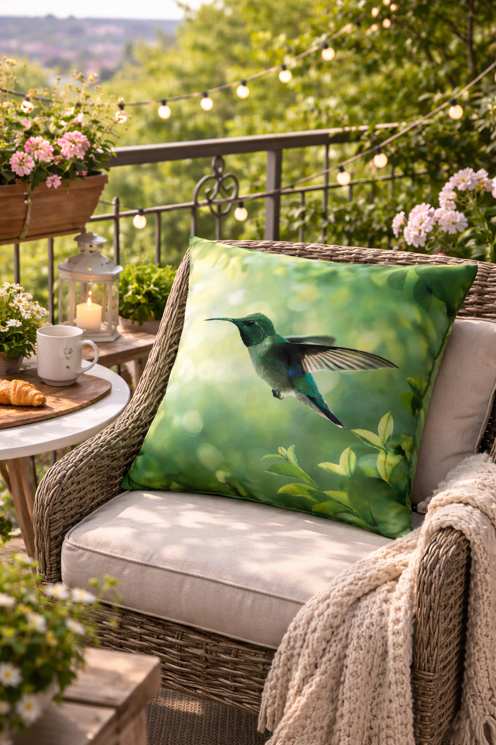 Hummingbird Outdoor Pillow Botanical Garden Cushion Green Patio Decor Bird Lover Gift